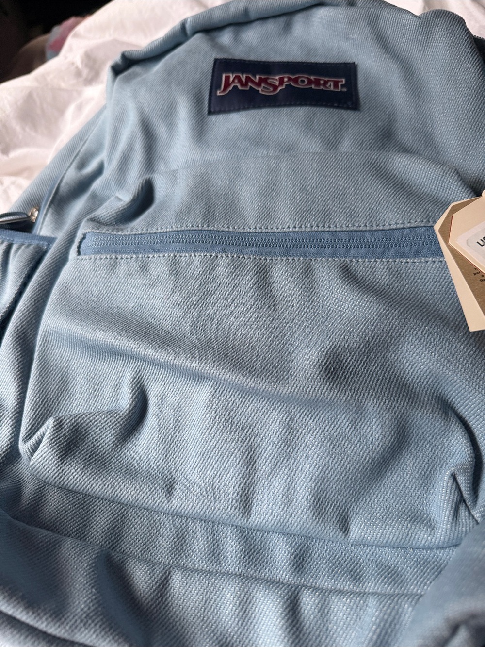Jansport Light Blue denim Everyday Backpack with Front Pocket